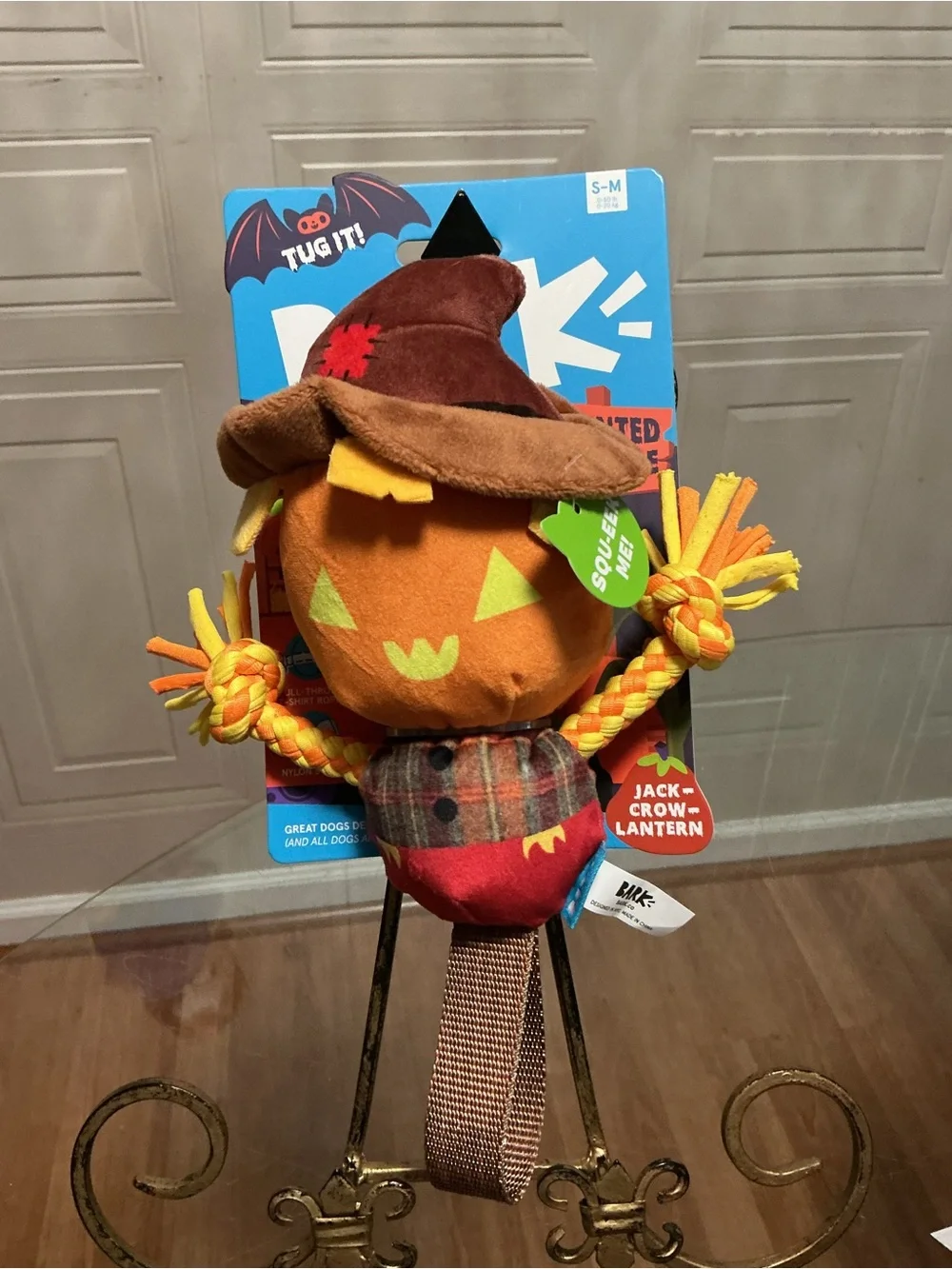 New Bark Jack Crow Lantern Dog Toy Scarecrow Tug Strap Crinkle Squeaker 12”